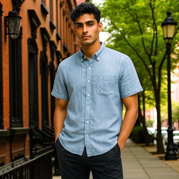 J Crew Chambray Shirt XL Slim Blue Linen Blend Button Up Beach Coastal Preppy - Picture 1 of 9